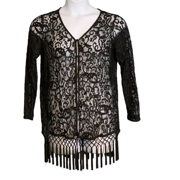 Chris McLaughlin Black Lace Cardigan Large Gothic Glam Sweater Tassel Fringe NEW - Picture 3 of 9